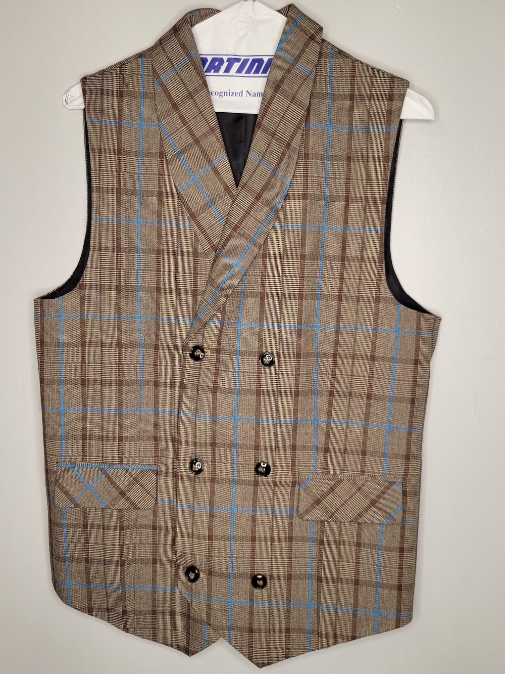 Double-Breasted Plaid Vest with Blue Windowpane Accent